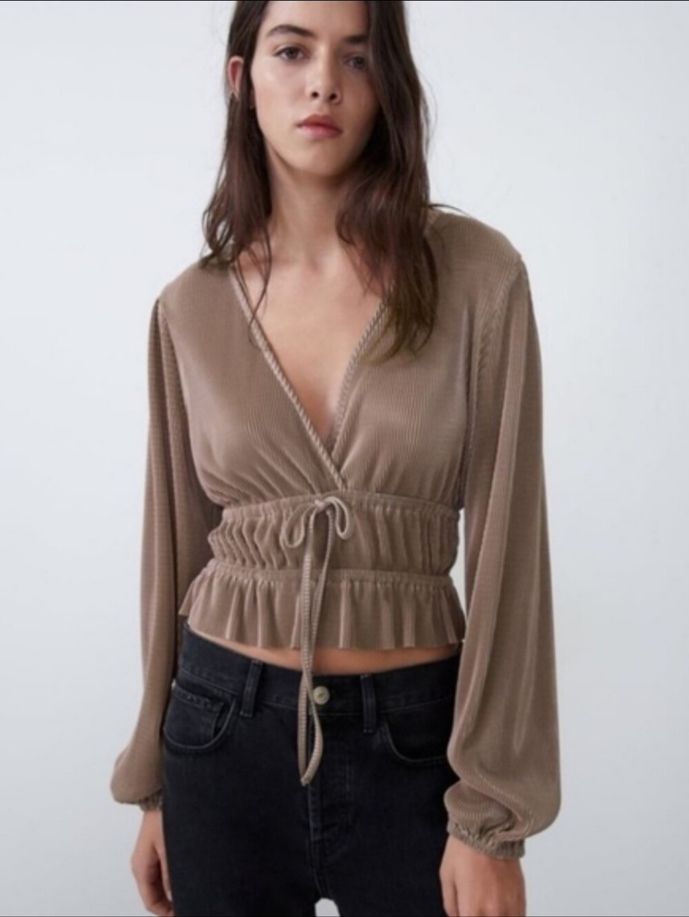 ZARA Taupe Pleated Wrap V-neck Top Large